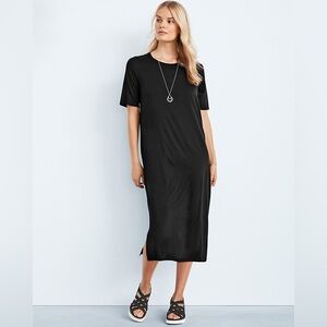 Eileen Fisher XS Black Midi Minimalist Tencel Stretch Dress Capsule Quiet Luxury